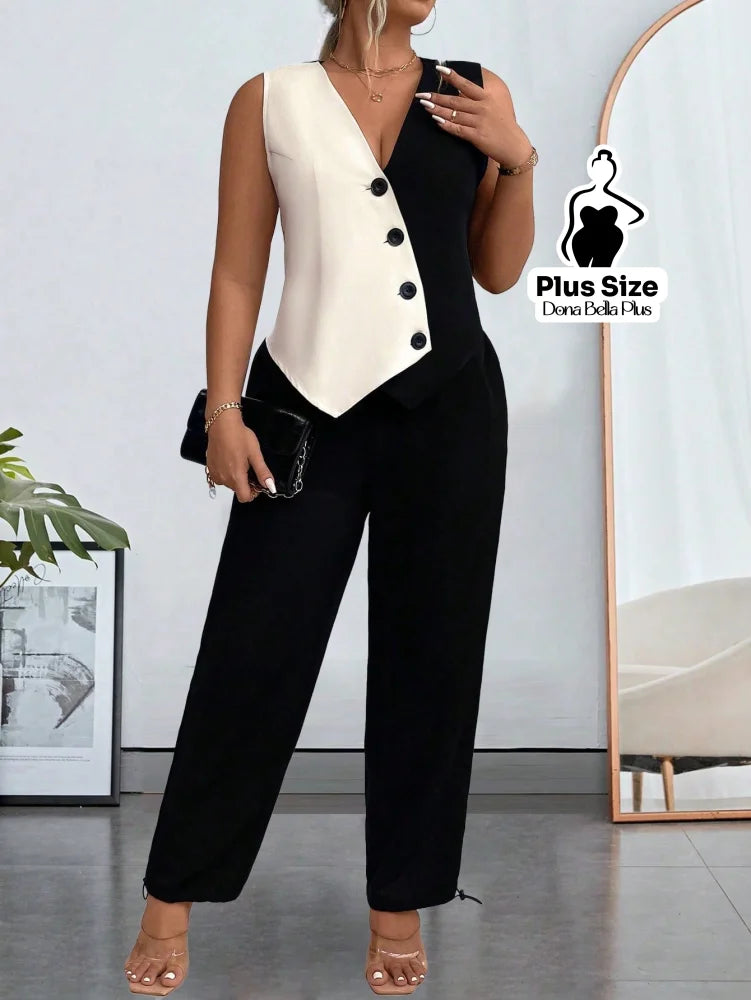 Conjunto Bicolor com Blusa Transpassada e Calça Reta Preto / G Conjunto Bicolor com Blusa Transpassada e Calça Reta