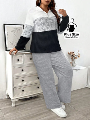 Conjunto Canelado Bicolor com Gola Polo e Calça Reta Conjunto Canelado Bicolor com Gola Polo e Calça Reta