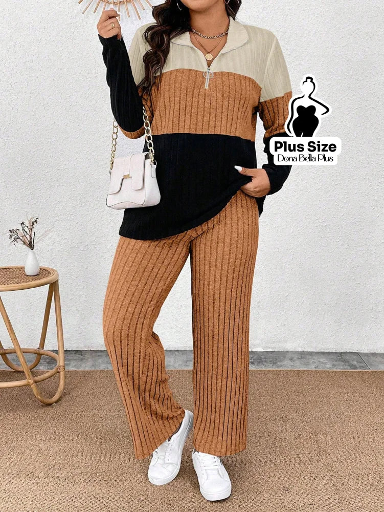 Conjunto Canelado Bicolor com Gola Polo e Calça Reta Conjunto Canelado Bicolor com Gola Polo e Calça Reta