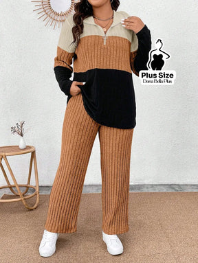 Conjunto Canelado Bicolor com Gola Polo e Calça Reta Conjunto Canelado Bicolor com Gola Polo e Calça Reta