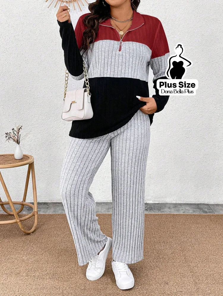 Conjunto Canelado Bicolor com Gola Polo e Calça Reta Conjunto Canelado Bicolor com Gola Polo e Calça Reta