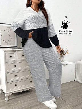 Conjunto Canelado Bicolor com Gola Polo e Calça Reta Conjunto Canelado Bicolor com Gola Polo e Calça Reta