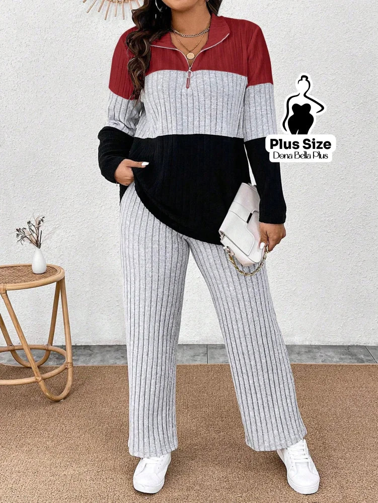 Conjunto Canelado Bicolor com Gola Polo e Calça Reta Cor 1 / G Conjunto Canelado Bicolor com Gola Polo e Calça Reta
