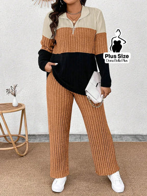 Conjunto Canelado Bicolor com Gola Polo e Calça Reta Cor 2 / G Conjunto Canelado Bicolor com Gola Polo e Calça Reta