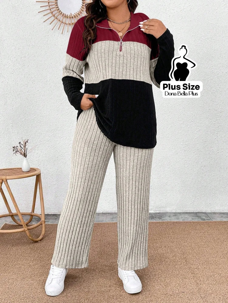 Conjunto Canelado Bicolor com Gola Polo e Calça Reta Cor 4 / G Conjunto Canelado Bicolor com Gola Polo e Calça Reta