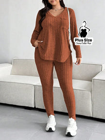 Conjunto Canelado com Blusa Longa e Calça Justa Castanho / G Conjunto Canelado com Blusa Longa e Calça Justa