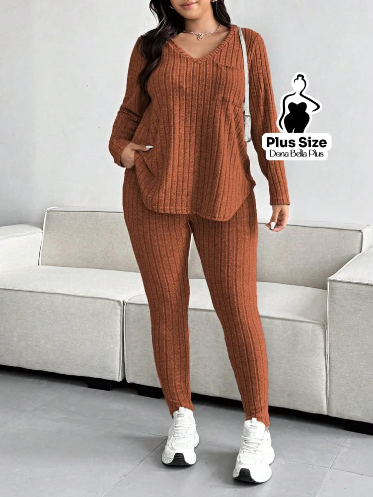 Conjunto Canelado com Blusa Longa e Calça Justa Castanho / G Conjunto Canelado com Blusa Longa e Calça Justa