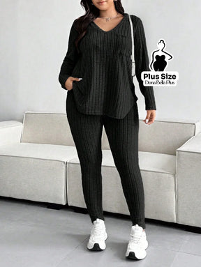 Conjunto Canelado com Blusa Longa e Calça Justa Preto / G Conjunto Canelado com Blusa Longa e Calça Justa
