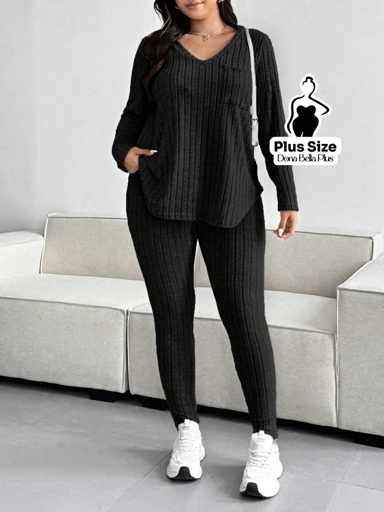 Conjunto Canelado com Blusa Longa e Calça Justa Preto / G Conjunto Canelado com Blusa Longa e Calça Justa