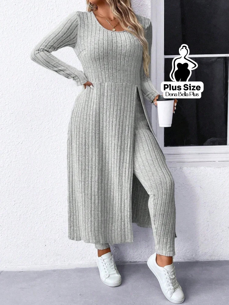Conjunto Canelado com Blusa Longa Fenda e Calça Justa Cinza / G Conjunto Canelado com Blusa Longa Fenda e Calça Justa