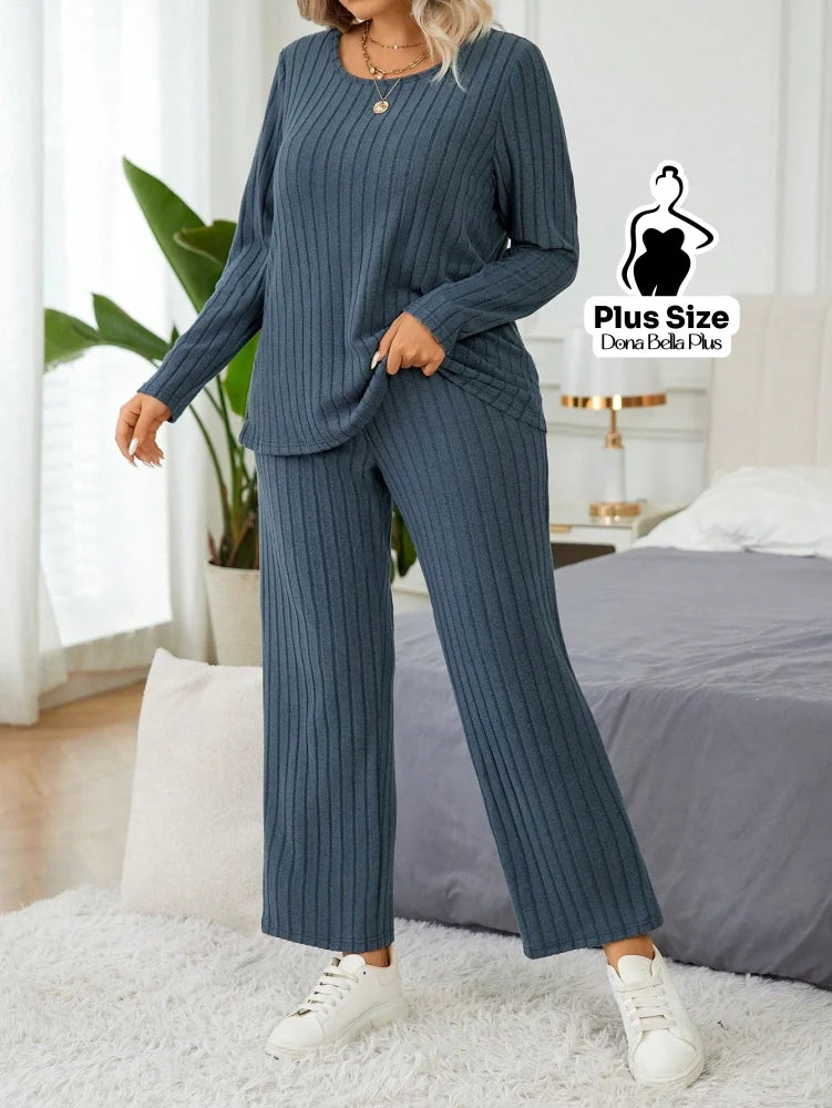 Conjunto Canelado com Blusa Manga Longa e Calça Reta Azul Empoeirado / G Conjunto Canelado com Blusa Manga Longa e