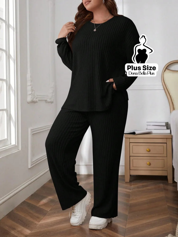 Conjunto Canelado com Blusa Solta e Calça Flare Preto / G Conjunto Canelado com Blusa Solta e Calça Flare