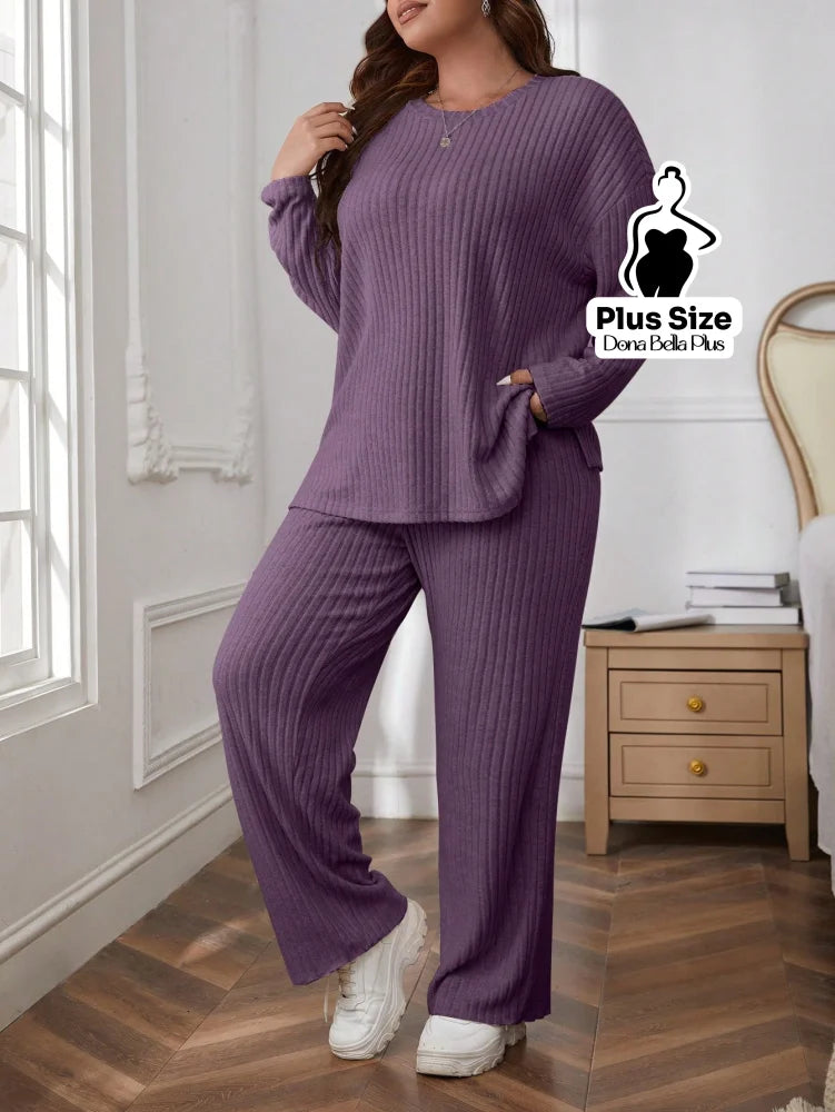 Conjunto Canelado com Blusa Solta e Calça Flare Roxo / G Conjunto Canelado com Blusa Solta e Calça Flare