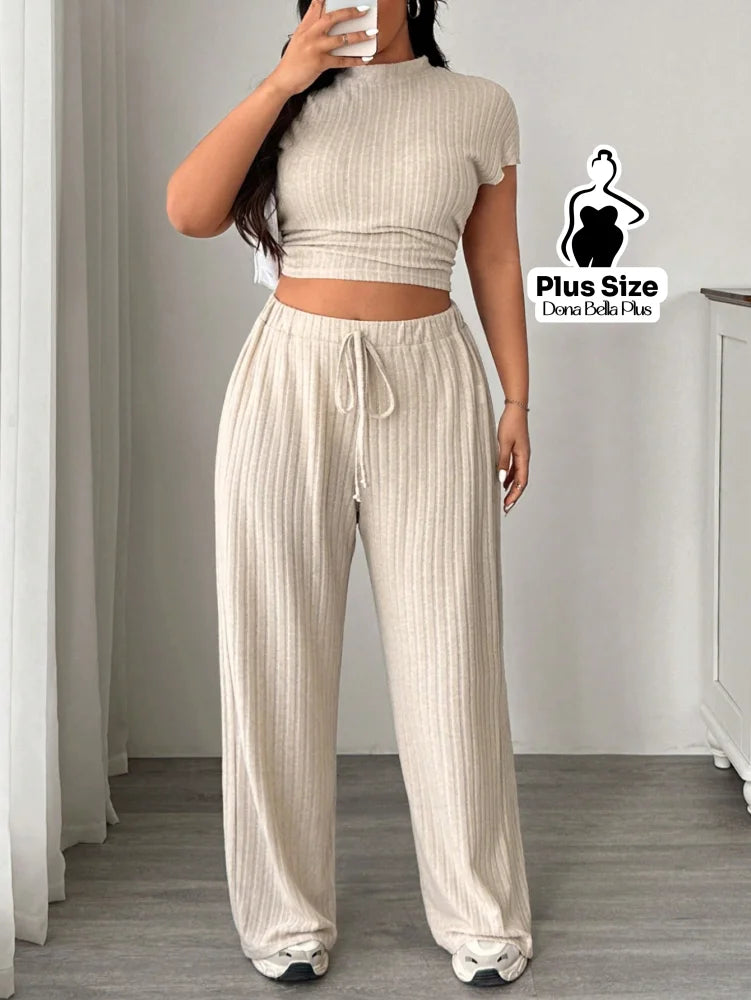 Conjunto Canelado com Cropped e Calça de Amarrar Damasco / G Conjunto Canelado com Cropped e Calça de Amarrar