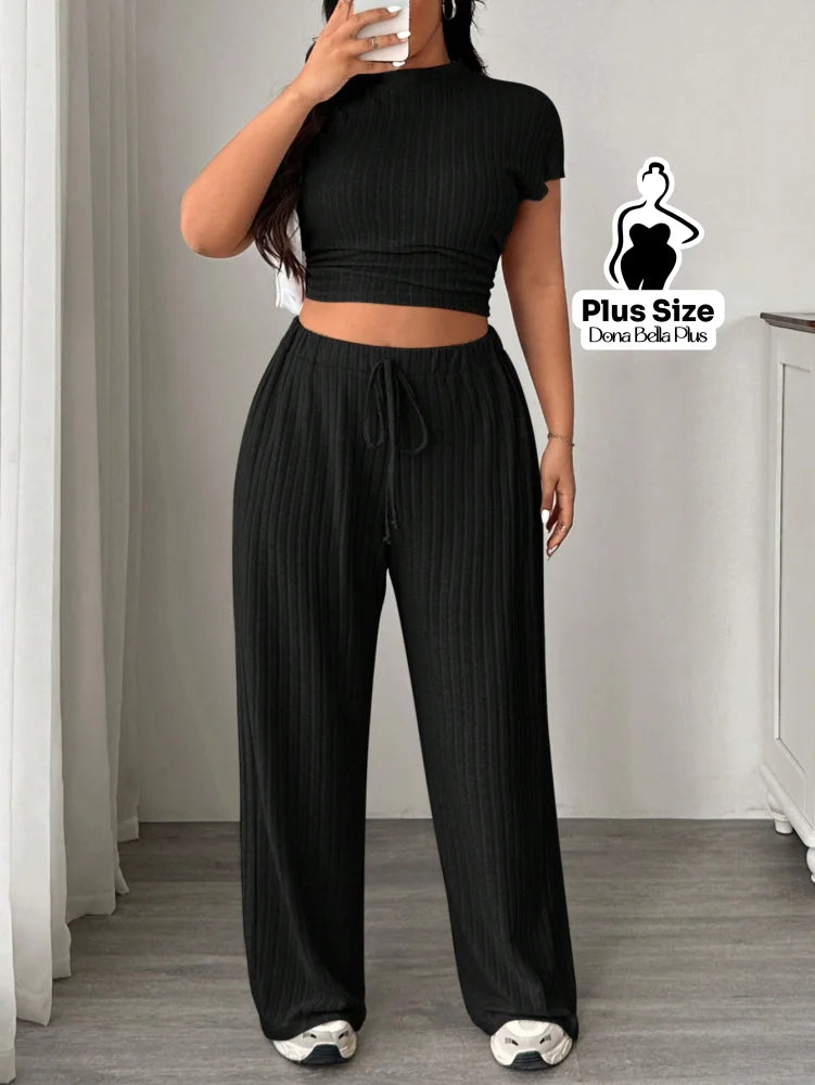 Conjunto Canelado com Cropped e Calça de Amarrar Preto / G Conjunto Canelado com Cropped e Calça de Amarrar