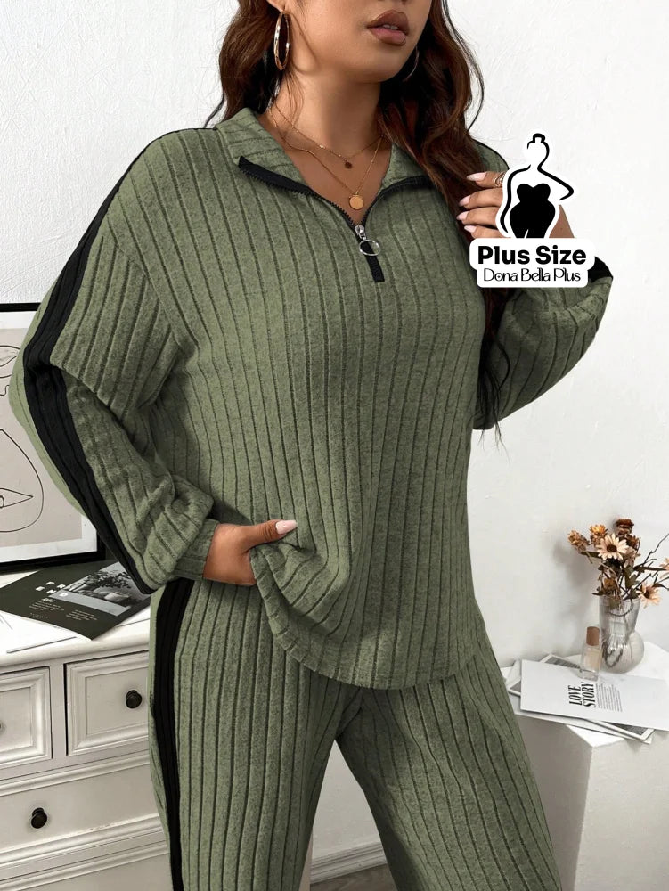 Conjunto Canelado com Zíper e Faixa Lateral Preta Conjunto Canelado com Zíper e Faixa Lateral Preta