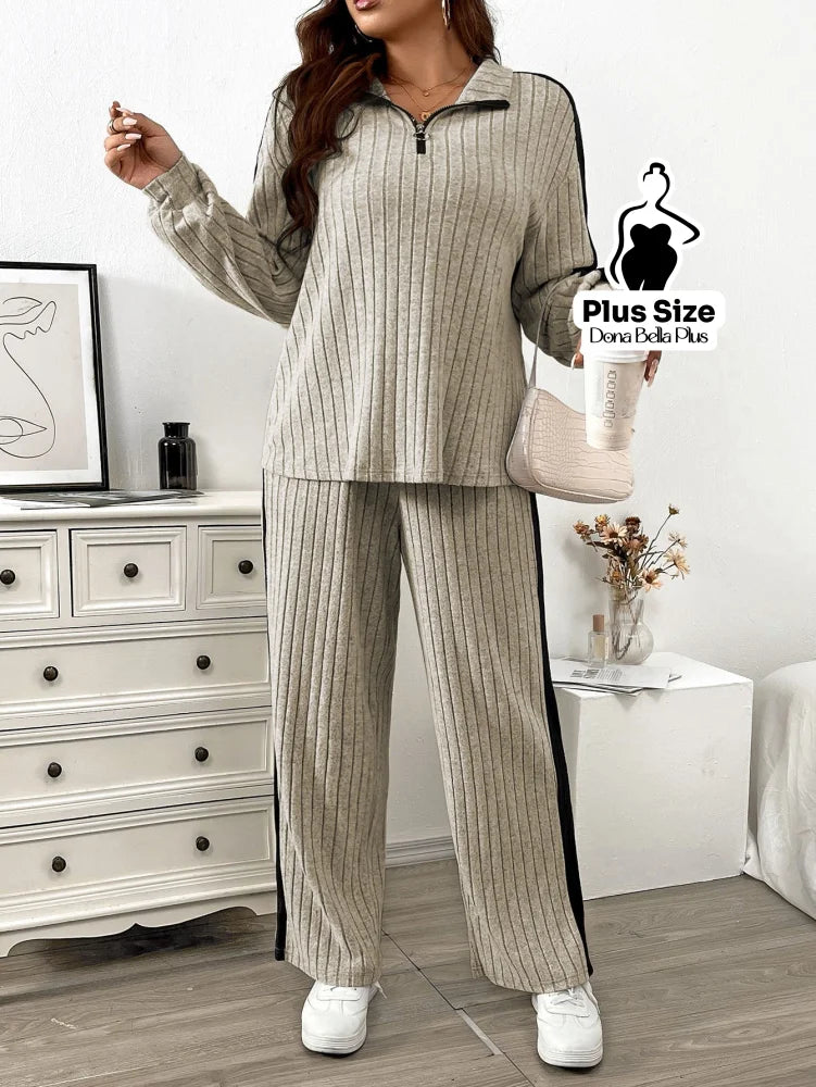 Conjunto Canelado com Zíper e Faixa Lateral Preta Conjunto Canelado com Zíper e Faixa Lateral Preta