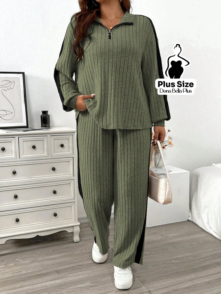 Conjunto Canelado com Zíper e Faixa Lateral Preta Conjunto Canelado com Zíper e Faixa Lateral Preta