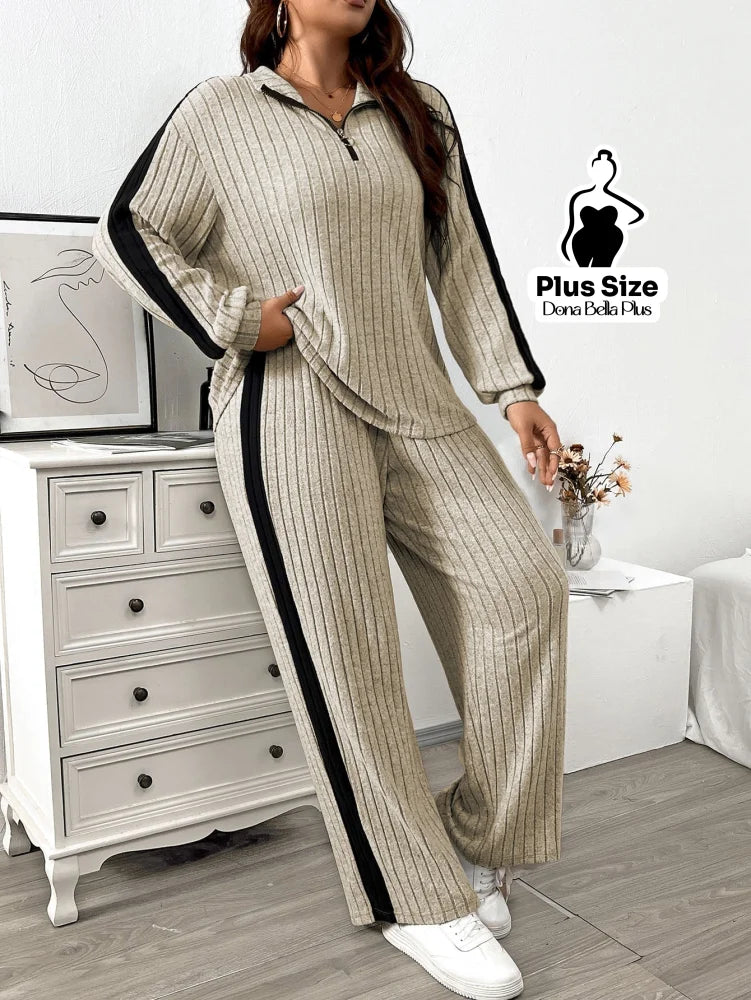 Conjunto Canelado com Zíper e Faixa Lateral Preta Bege / G Conjunto Canelado com Zíper e Faixa Lateral Preta