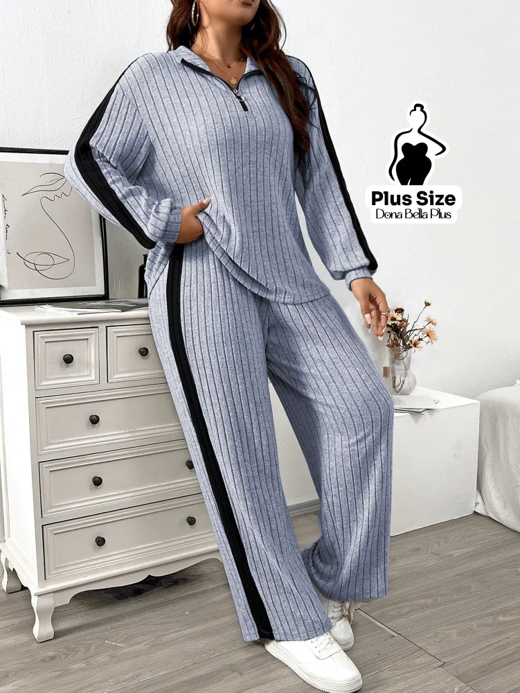Conjunto Canelado com Zíper e Faixa Lateral Preta Cinza Claro / G Conjunto Canelado com Zíper e Faixa Lateral Preta