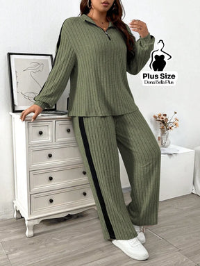 Conjunto Canelado com Zíper e Faixa Lateral Preta Verde Militar / G Conjunto Canelado com Zíper e Faixa Lateral Preta