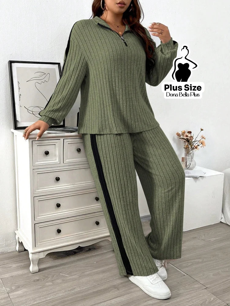 Conjunto Canelado com Zíper e Faixa Lateral Preta Verde Militar / G Conjunto Canelado com Zíper e Faixa Lateral Preta