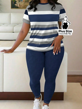 Conjunto Casual com Camiseta Listrada e Legging Cor 2 / G Conjunto Casual com Camiseta Listrada e Legging