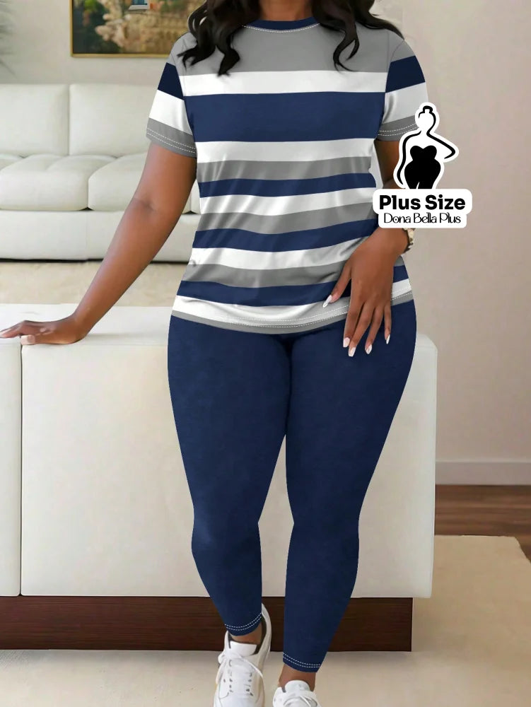 Conjunto Casual com Camiseta Listrada e Legging Cor 2 / G Conjunto Casual com Camiseta Listrada e Legging