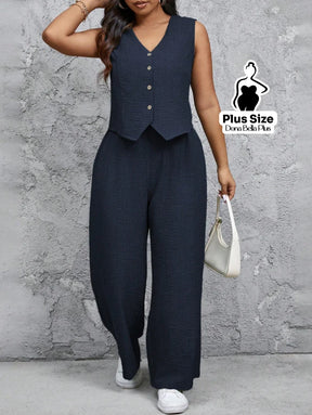 Conjunto com Blusa com Botões e Calça Pantalona Azul Marinho / G Conjunto com Blusa com Botões e Calça Pantalona