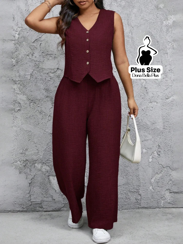Conjunto com Blusa com Botões e Calça Pantalona Café / G Conjunto com Blusa com Botões e Calça Pantalona
