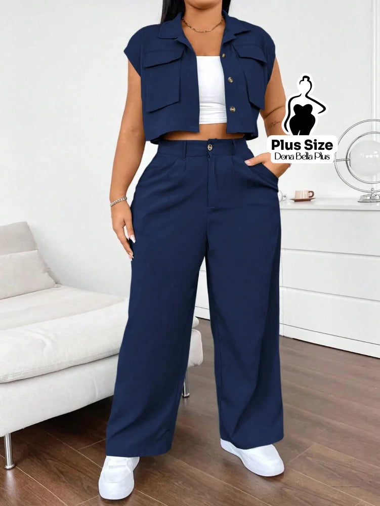 Conjunto Cropped com Calça Pantalona e Bolsos Frontais Azul Marinho / G Conjunto Esportivo com Jaqueta Bicolor e Zíper