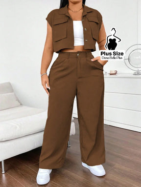 Conjunto Cropped com Calça Pantalona e Bolsos Frontais Castanho / G Conjunto Esportivo com Jaqueta Bicolor e Zíper