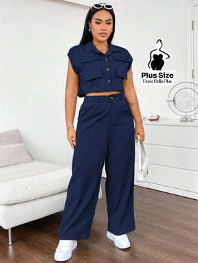 Conjunto Cropped com Calça Pantalona e Bolsos Frontais Conjunto Esportivo com Jaqueta Bicolor e Zíper Frontal