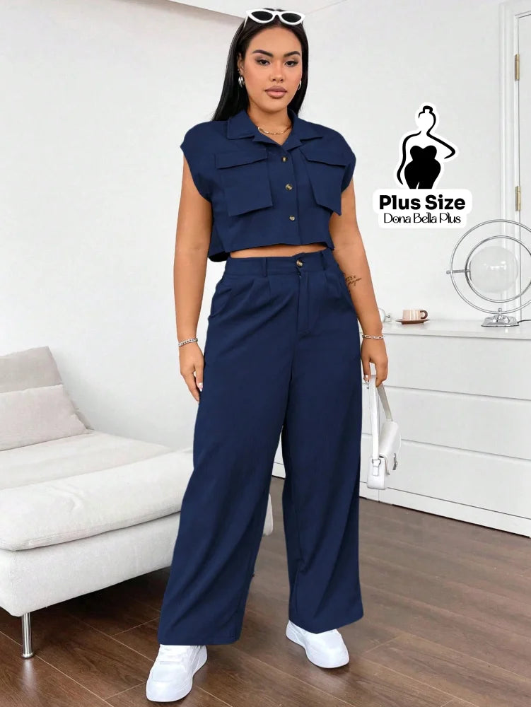Conjunto Cropped com Calça Pantalona e Bolsos Frontais Conjunto Esportivo com Jaqueta Bicolor e Zíper Frontal