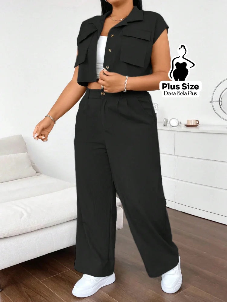 Conjunto Cropped com Calça Pantalona e Bolsos Frontais Conjunto Esportivo com Jaqueta Bicolor e Zíper Frontal