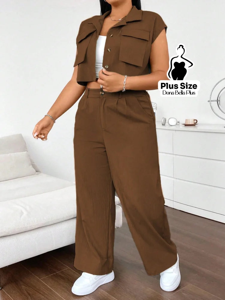 Conjunto Cropped com Calça Pantalona e Bolsos Frontais Conjunto Esportivo com Jaqueta Bicolor e Zíper Frontal