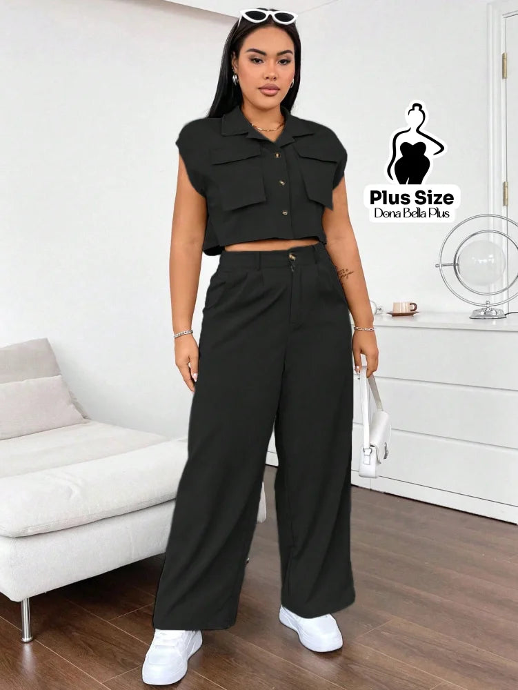 Conjunto Cropped com Calça Pantalona e Bolsos Frontais Conjunto Esportivo com Jaqueta Bicolor e Zíper Frontal