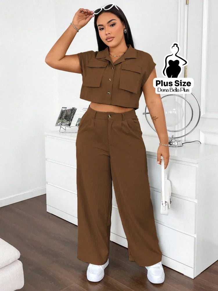 Conjunto Cropped com Calça Pantalona e Bolsos Frontais Conjunto Esportivo com Jaqueta Bicolor e Zíper Frontal