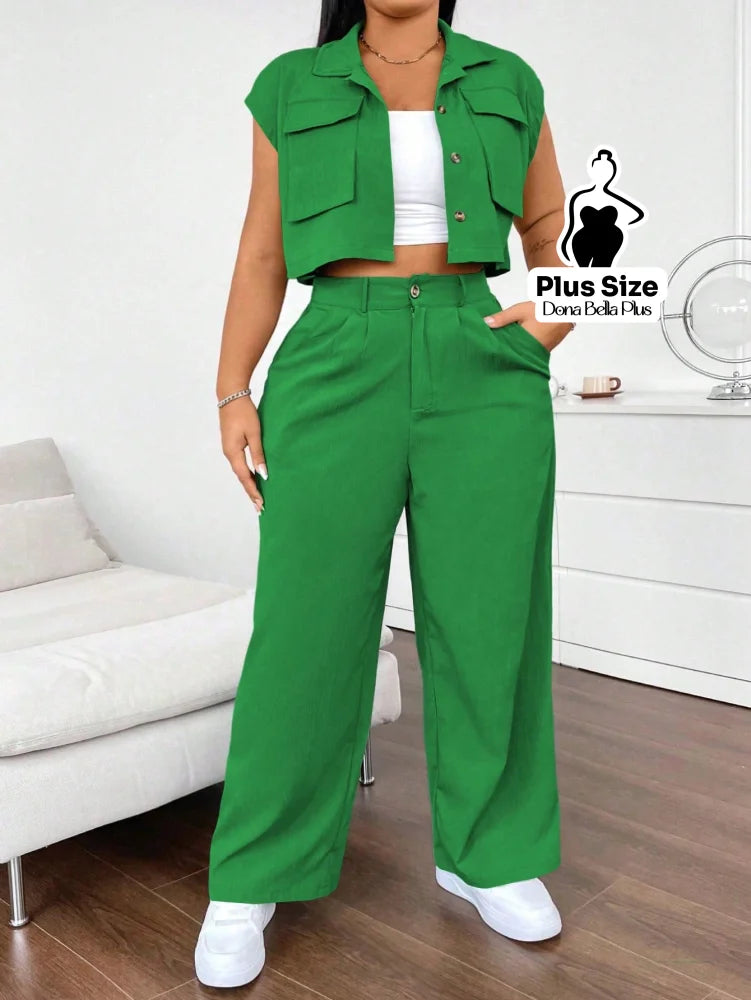 Conjunto Cropped com Calça Pantalona e Bolsos Frontais Verde / G Conjunto Esportivo com Jaqueta Bicolor e Zíper Frontal