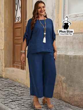 Conjunto de Linho com Blusa de Botões Laterais e Calça Conjunto de Linho com Blusa de Botões Laterais e Calça