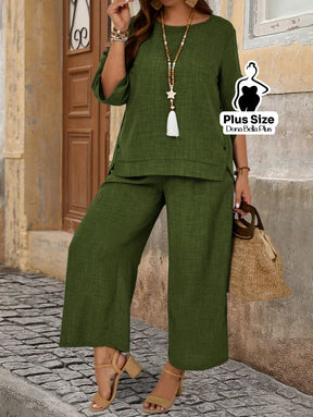 Conjunto de Linho com Blusa de Botões Laterais e Calça Verde Militar / G Conjunto de Linho com Blusa de Botões Laterais