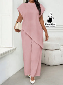 Conjunto Elegante com Blusa Assimétrica e Calça Reta Rosa Chiclete / G Conjunto Elegante com Blusa Assimétrica e Calça