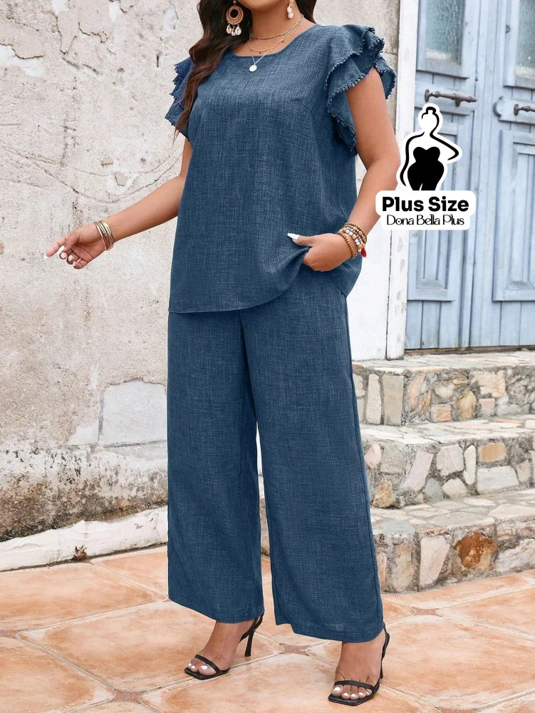 Conjunto Elegante com Blusa de Babado e Calça Reta Azul / G Conjunto Elegante com Blusa de Babado e Calça Reta