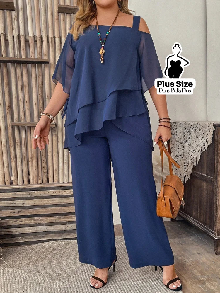 Conjunto Elegante com Camadas e Ombro Vazado Azul Marinho / G Conjunto Elegante com Camadas e Ombro Vazado