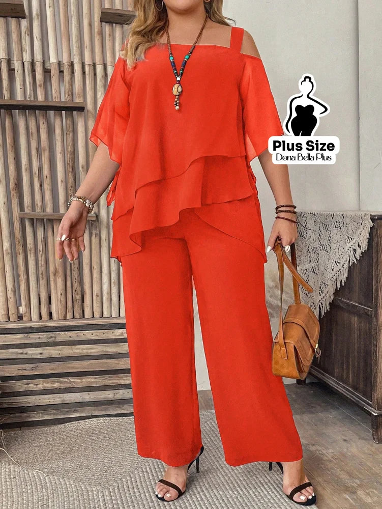 Conjunto Elegante com Camadas e Ombro Vazado Laranja / G Conjunto Elegante com Camadas e Ombro Vazado