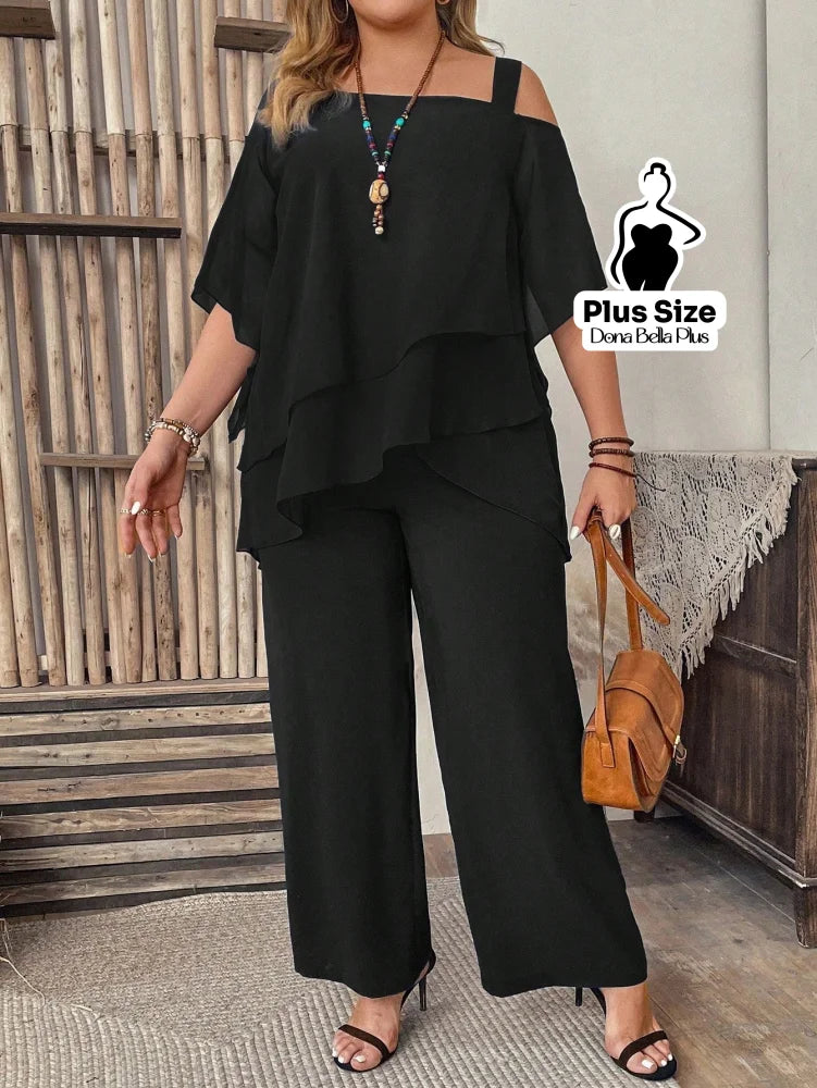 Conjunto Elegante com Camadas e Ombro Vazado Preto / G Conjunto Elegante com Camadas e Ombro Vazado