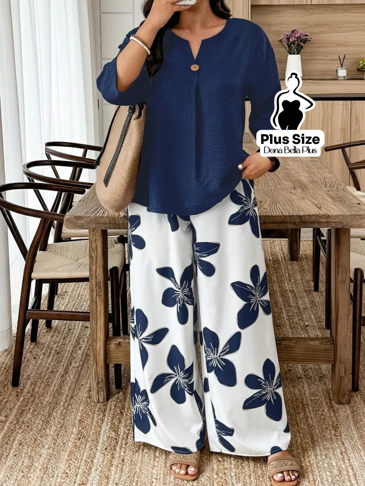 Conjunto Estampado com Blusa de Botão e Calça Floral Azul Marinho / G Conjunto Estampado com Blusa de Botão e Calça