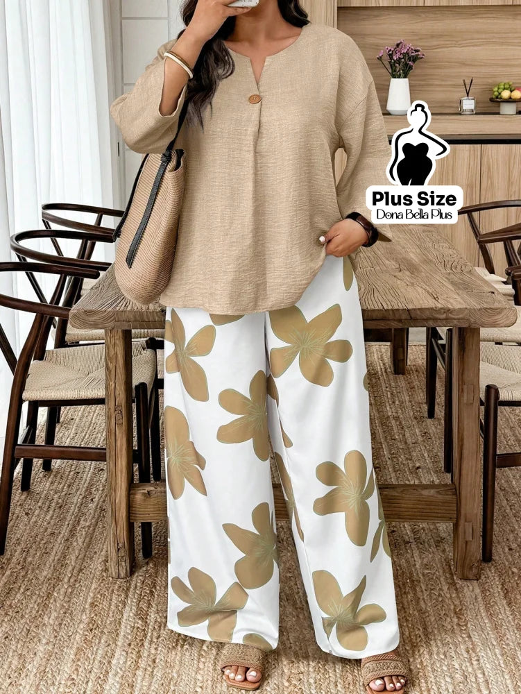 Conjunto Estampado com Blusa de Botão e Calça Floral Caqui / G Conjunto Estampado com Blusa de Botão e Calça Floral