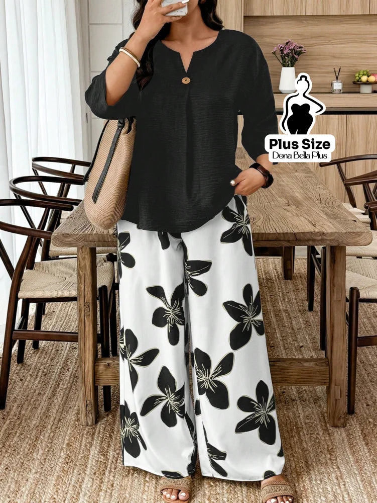 Conjunto Estampado com Blusa de Botão e Calça Floral Preto / G Conjunto Estampado com Blusa de Botão e Calça Floral