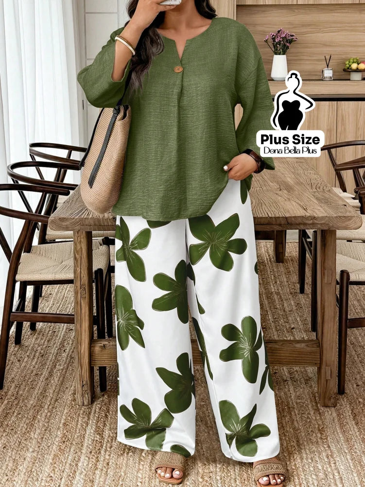 Conjunto Estampado com Blusa de Botão e Calça Floral Verde Militar / G Conjunto Estampado com Blusa de Botão e Calça